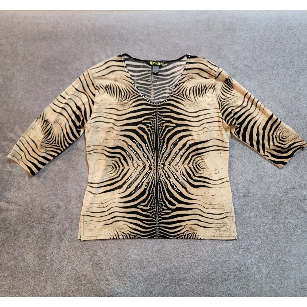 Valentina Beaded Bling Top 3/4 Sleeve Animal Print‎ Brown Stretch V Neck Sz M